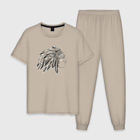 Мужская пижама хлопок с принтом профиль индеец с перьями рисунок в Тюмени, 100% хлопок | брюки и футболка прямого кроя, без карманов, на брюках мягкая резинка на поясе и по низу штанин
 | 