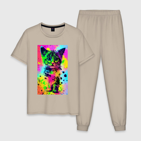 Мужская пижама хлопок с принтом Прикольный котёнок   живопись в Кировске, 100% хлопок | брюки и футболка прямого кроя, без карманов, на брюках мягкая резинка на поясе и по низу штанин
 | 