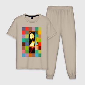 Мужская пижама хлопок с принтом Мона Лиза   поп арт   нейросеть в Белгороде, 100% хлопок | брюки и футболка прямого кроя, без карманов, на брюках мягкая резинка на поясе и по низу штанин
 | 