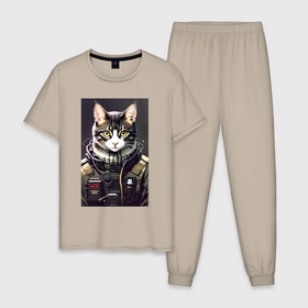 Мужская пижама хлопок с принтом Крутой кот   киберпанк   нейросеть в Белгороде, 100% хлопок | брюки и футболка прямого кроя, без карманов, на брюках мягкая резинка на поясе и по низу штанин
 | 