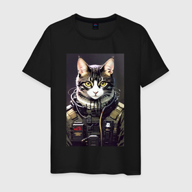 Мужская футболка хлопок с принтом Крутой кот   киберпанк   нейросеть в Кировске, 100% хлопок | прямой крой, круглый вырез горловины, длина до линии бедер, слегка спущенное плечо. | 