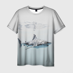 Мужская футболка 3D с принтом Акула большая белая в толще воды , 100% полиэфир | прямой крой, круглый вырез горловины, длина до линии бедер | 