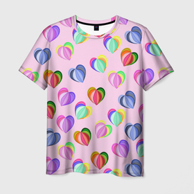 Мужская футболка 3D с принтом Цветные сердечки в Белгороде, 100% полиэфир | прямой крой, круглый вырез горловины, длина до линии бедер | 