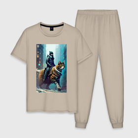 Мужская пижама хлопок с принтом Всадник на коте   фантазия   киберпанк в Тюмени, 100% хлопок | брюки и футболка прямого кроя, без карманов, на брюках мягкая резинка на поясе и по низу штанин
 | 