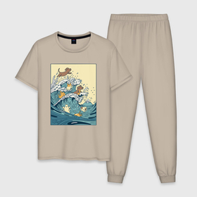 Мужская пижама хлопок с принтом Собачки в море в Екатеринбурге, 100% хлопок | брюки и футболка прямого кроя, без карманов, на брюках мягкая резинка на поясе и по низу штанин
 | Тематика изображения на принте: 