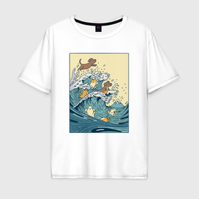 Мужская футболка хлопок Oversize с принтом Собачки в море в Екатеринбурге, 100% хлопок | свободный крой, круглый ворот, “спинка” длиннее передней части | Тематика изображения на принте: 