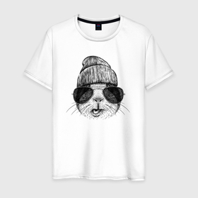 Мужская футболка хлопок с принтом Морская свинка в очках в Кировске, 100% хлопок | прямой крой, круглый вырез горловины, длина до линии бедер, слегка спущенное плечо. | 