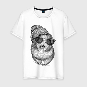 Мужская футболка хлопок с принтом Морская свинка модница в Кировске, 100% хлопок | прямой крой, круглый вырез горловины, длина до линии бедер, слегка спущенное плечо. | 