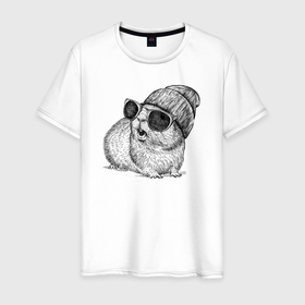 Мужская футболка хлопок с принтом Морская свинка в очках и шапке в Кировске, 100% хлопок | прямой крой, круглый вырез горловины, длина до линии бедер, слегка спущенное плечо. | 
