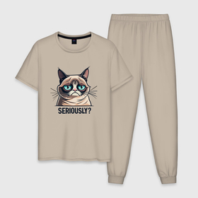 Мужская пижама хлопок с принтом Недовольный кот   Seriously в Курске, 100% хлопок | брюки и футболка прямого кроя, без карманов, на брюках мягкая резинка на поясе и по низу штанин
 | 