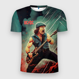 Мужская футболка 3D Slim с принтом AC DC  rock в Курске, 100% полиэстер с улучшенными характеристиками | приталенный силуэт, круглая горловина, широкие плечи, сужается к линии бедра | 