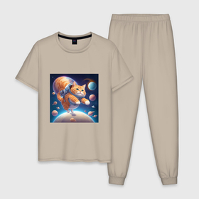 Мужская пижама хлопок с принтом Котик в космосе мультяшный в Кировске, 100% хлопок | брюки и футболка прямого кроя, без карманов, на брюках мягкая резинка на поясе и по низу штанин
 | 