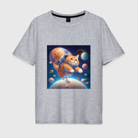 Мужская футболка хлопок Oversize с принтом Котик в космосе мультяшный в Кировске, 100% хлопок | свободный крой, круглый ворот, “спинка” длиннее передней части | 