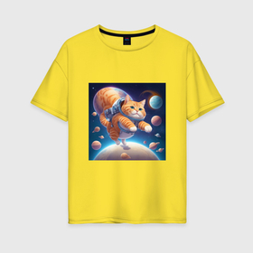 Женская футболка хлопок Oversize с принтом Котик в космосе мультяшный в Курске, 100% хлопок | свободный крой, круглый ворот, спущенный рукав, длина до линии бедер
 | 