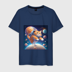 Мужская футболка хлопок с принтом Котик в космосе мультяшный в Курске, 100% хлопок | прямой крой, круглый вырез горловины, длина до линии бедер, слегка спущенное плечо. | 