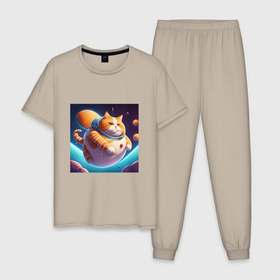 Мужская пижама хлопок с принтом Жирный котик в космосе , 100% хлопок | брюки и футболка прямого кроя, без карманов, на брюках мягкая резинка на поясе и по низу штанин
 | 