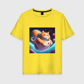 Женская футболка хлопок Oversize с принтом Жирный котик в космосе в Курске, 100% хлопок | свободный крой, круглый ворот, спущенный рукав, длина до линии бедер
 | 
