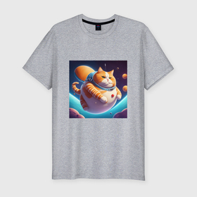 Мужская футболка хлопок Slim с принтом Жирный котик в космосе , 92% хлопок, 8% лайкра | приталенный силуэт, круглый вырез ворота, длина до линии бедра, короткий рукав | 