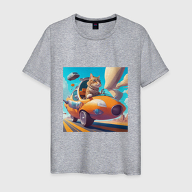 Мужская футболка хлопок с принтом Котик на машине будущего в Тюмени, 100% хлопок | прямой крой, круглый вырез горловины, длина до линии бедер, слегка спущенное плечо. | 