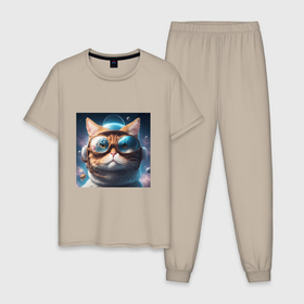 Мужская пижама хлопок с принтом Котик астронавт в космосе в Санкт-Петербурге, 100% хлопок | брюки и футболка прямого кроя, без карманов, на брюках мягкая резинка на поясе и по низу штанин
 | 