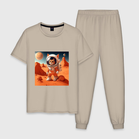 Мужская пижама хлопок с принтом Котик астронавт на Марсе в Кировске, 100% хлопок | брюки и футболка прямого кроя, без карманов, на брюках мягкая резинка на поясе и по низу штанин
 | Тематика изображения на принте: 