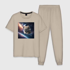 Мужская пижама хлопок с принтом Котик космонавт в космосе в Санкт-Петербурге, 100% хлопок | брюки и футболка прямого кроя, без карманов, на брюках мягкая резинка на поясе и по низу штанин
 | 