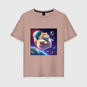 Женская футболка хлопок Oversize с принтом Толстый кот в космосе в Курске, 100% хлопок | свободный крой, круглый ворот, спущенный рукав, длина до линии бедер
 | 