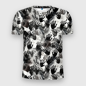 Мужская футболка 3D Slim с принтом Черно белые руки с ладонями в Новосибирске, 100% полиэстер с улучшенными характеристиками | приталенный силуэт, круглая горловина, широкие плечи, сужается к линии бедра | 