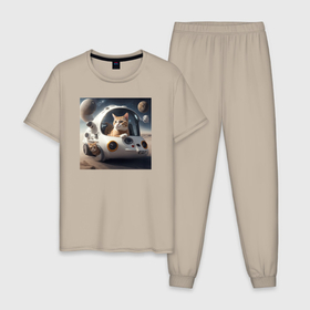Мужская пижама хлопок с принтом Котик на корабле в космосе в Санкт-Петербурге, 100% хлопок | брюки и футболка прямого кроя, без карманов, на брюках мягкая резинка на поясе и по низу штанин
 | 