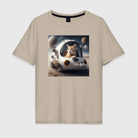 Мужская футболка хлопок Oversize с принтом Котик на корабле в космосе в Санкт-Петербурге, 100% хлопок | свободный крой, круглый ворот, “спинка” длиннее передней части | 