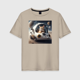Женская футболка хлопок Oversize с принтом Котик на корабле в космосе в Курске, 100% хлопок | свободный крой, круглый ворот, спущенный рукав, длина до линии бедер
 | 