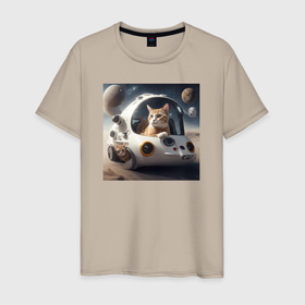 Мужская футболка хлопок с принтом Котик на корабле в космосе в Курске, 100% хлопок | прямой крой, круглый вырез горловины, длина до линии бедер, слегка спущенное плечо. | 