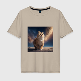 Мужская футболка хлопок Oversize с принтом Большой кот в космосе в Тюмени, 100% хлопок | свободный крой, круглый ворот, “спинка” длиннее передней части | 