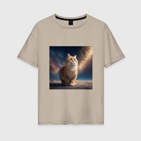 Женская футболка хлопок Oversize с принтом Большой кот в космосе в Курске, 100% хлопок | свободный крой, круглый ворот, спущенный рукав, длина до линии бедер
 | 