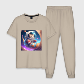 Мужская пижама хлопок с принтом Котенок космонавт в космосе в Курске, 100% хлопок | брюки и футболка прямого кроя, без карманов, на брюках мягкая резинка на поясе и по низу штанин
 | Тематика изображения на принте: 