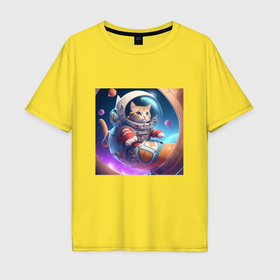 Мужская футболка хлопок Oversize с принтом Котенок космонавт в космосе в Тюмени, 100% хлопок | свободный крой, круглый ворот, “спинка” длиннее передней части | 