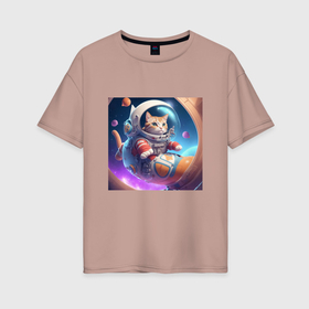 Женская футболка хлопок Oversize с принтом Котенок космонавт в космосе в Курске, 100% хлопок | свободный крой, круглый ворот, спущенный рукав, длина до линии бедер
 | 