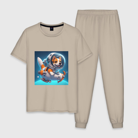 Мужская пижама хлопок с принтом Песик на космическом корабле в Курске, 100% хлопок | брюки и футболка прямого кроя, без карманов, на брюках мягкая резинка на поясе и по низу штанин
 | Тематика изображения на принте: 