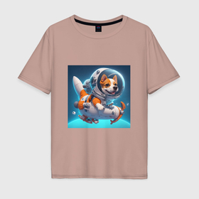 Мужская футболка хлопок Oversize с принтом Песик на космическом корабле в Курске, 100% хлопок | свободный крой, круглый ворот, “спинка” длиннее передней части | Тематика изображения на принте: 