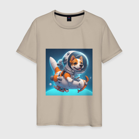 Мужская футболка хлопок с принтом Песик на космическом корабле в Курске, 100% хлопок | прямой крой, круглый вырез горловины, длина до линии бедер, слегка спущенное плечо. | Тематика изображения на принте: 