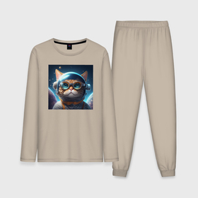 Мужская пижама с лонгсливом хлопок с принтом Котик космонавт в очках в космосе ,  |  | 