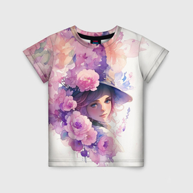 Детская футболка 3D с принтом Девушка в цветочной шляпе в Екатеринбурге, 100% гипоаллергенный полиэфир | прямой крой, круглый вырез горловины, длина до линии бедер, чуть спущенное плечо, ткань немного тянется | 