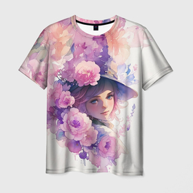 Мужская футболка 3D с принтом Девушка в цветочной шляпе в Кировске, 100% полиэфир | прямой крой, круглый вырез горловины, длина до линии бедер | Тематика изображения на принте: 