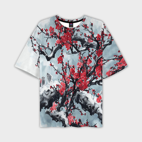 Мужская футболка oversize 3D с принтом Лепестки цветущей вишни   сакура в Кировске,  |  | 