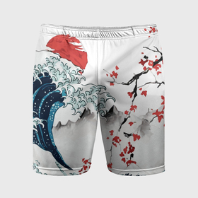 Мужские шорты спортивные с принтом Хокусай большая волна в Канагаве   пародия укиё ,  |  | Тематика изображения на принте: 