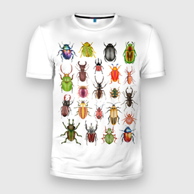Мужская футболка 3D Slim с принтом Разноцветные жуки насекомые в Тюмени, 100% полиэстер с улучшенными характеристиками | приталенный силуэт, круглая горловина, широкие плечи, сужается к линии бедра | 