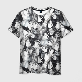 Мужская футболка 3D с принтом Черно белые отпечатки ладоней в Белгороде, 100% полиэфир | прямой крой, круглый вырез горловины, длина до линии бедер | 