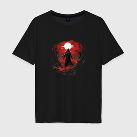 Мужская футболка хлопок Oversize с принтом Самурай и красный закат в Белгороде, 100% хлопок | свободный крой, круглый ворот, “спинка” длиннее передней части | 