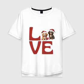 Мужская футболка хлопок Oversize с принтом Собаки в новогодних колпаках   любовь в Новосибирске, 100% хлопок | свободный крой, круглый ворот, “спинка” длиннее передней части | Тематика изображения на принте: 