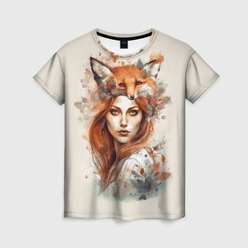 Женская футболка 3D с принтом Осенний портрет девушка лиса в Кировске, 100% полиэфир ( синтетическое хлопкоподобное полотно) | прямой крой, круглый вырез горловины, длина до линии бедер | 